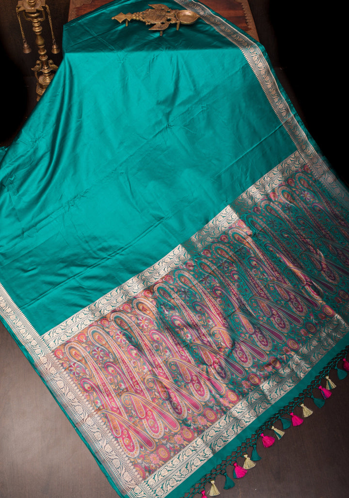 Teal Pure Mashru silk saree with Minimal Zari Borders and Tanchoi Jamawar Pallu | SILK MARK CERTIFIED