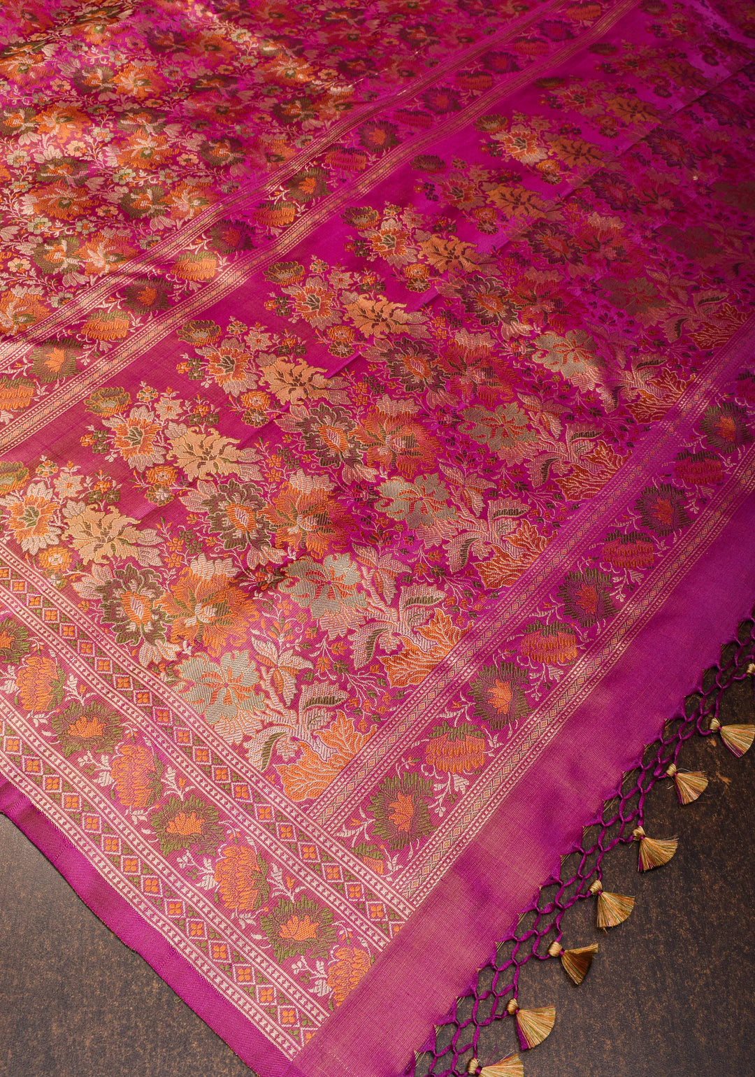 Dark Pink Tanchoi Floral Banarasi Silk Saree in Pure Silk Satin | SILK MARK CERTIFIED