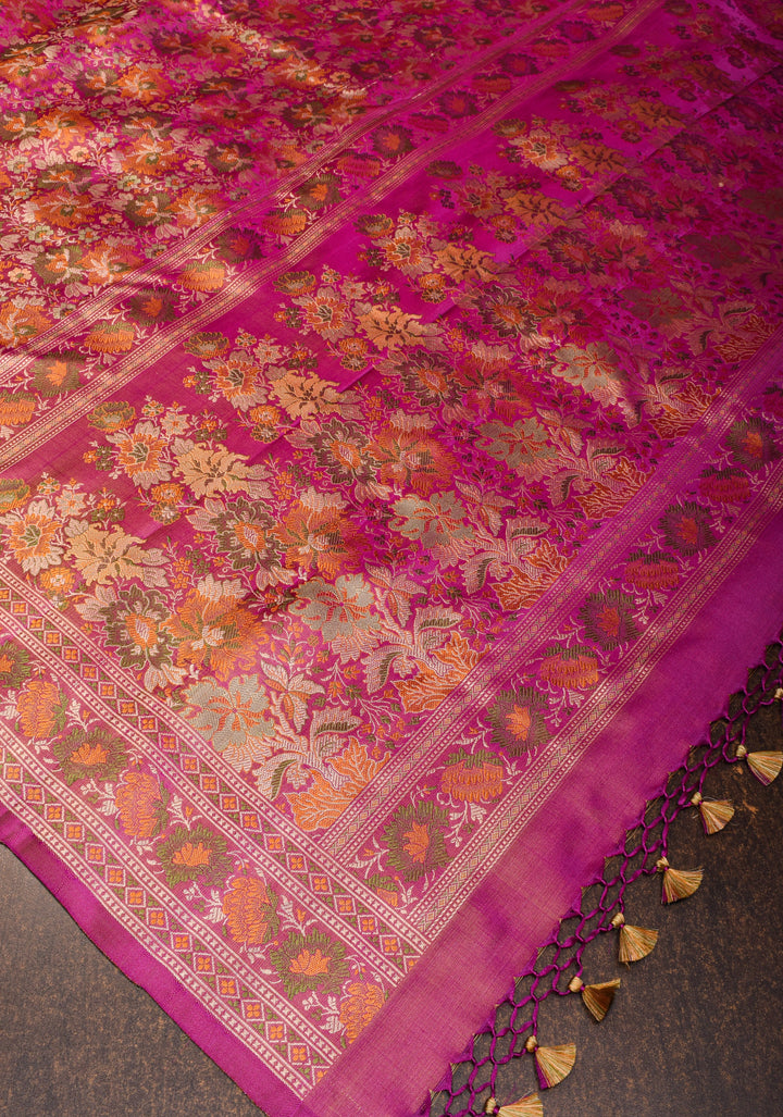 Dark Pink Tanchoi Floral Banarasi Silk Saree in Pure Silk Satin | SILK MARK CERTIFIED