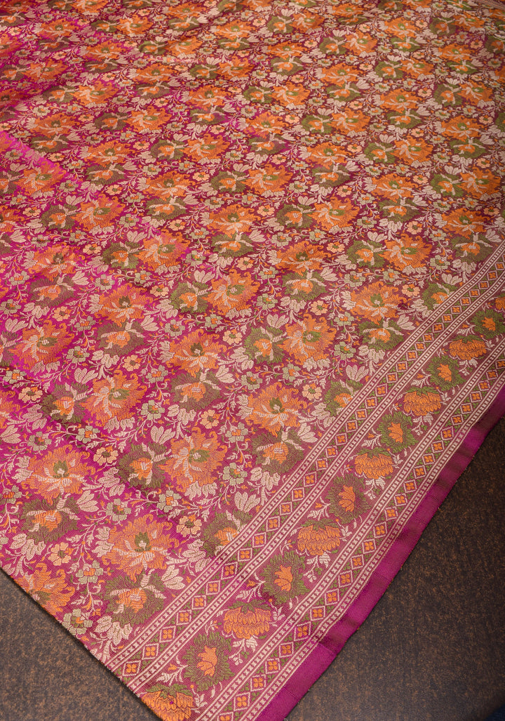 Dark Pink Tanchoi Floral Banarasi Silk Saree in Pure Silk Satin | SILK MARK CERTIFIED