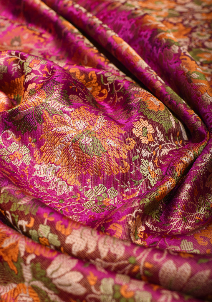 Dark Pink Tanchoi Floral Banarasi Silk Saree in Pure Silk Satin | SILK MARK CERTIFIED