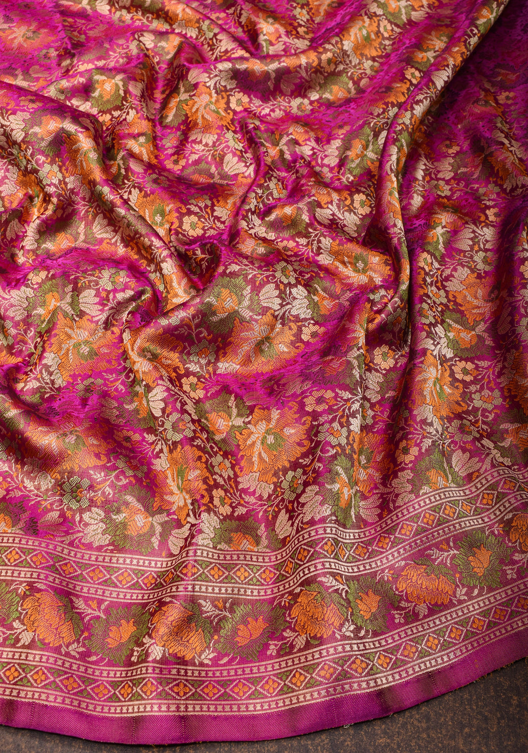 Dark Pink Tanchoi Floral Banarasi Silk Saree in Pure Silk Satin | SILK MARK CERTIFIED