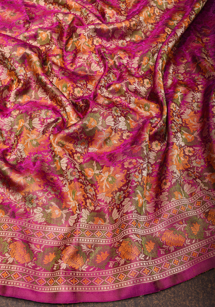 Dark Pink Tanchoi Floral Banarasi Silk Saree in Pure Silk Satin | SILK MARK CERTIFIED