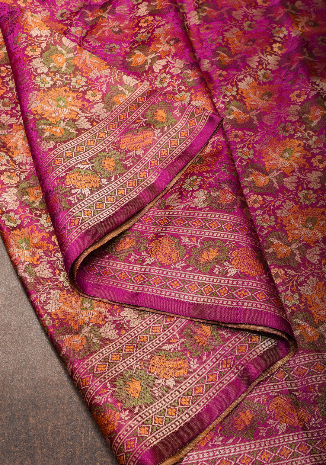 Dark Pink Tanchoi Floral Banarasi Silk Saree in Pure Silk Satin | SILK MARK CERTIFIED