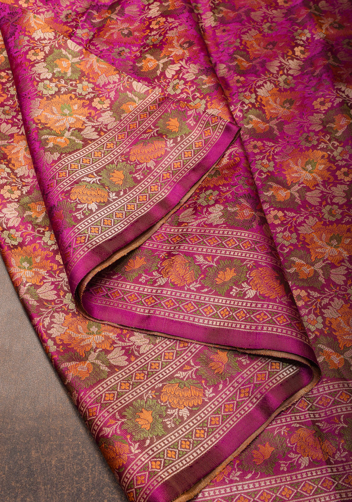 Dark Pink Tanchoi Floral Banarasi Silk Saree in Pure Silk Satin | SILK MARK CERTIFIED