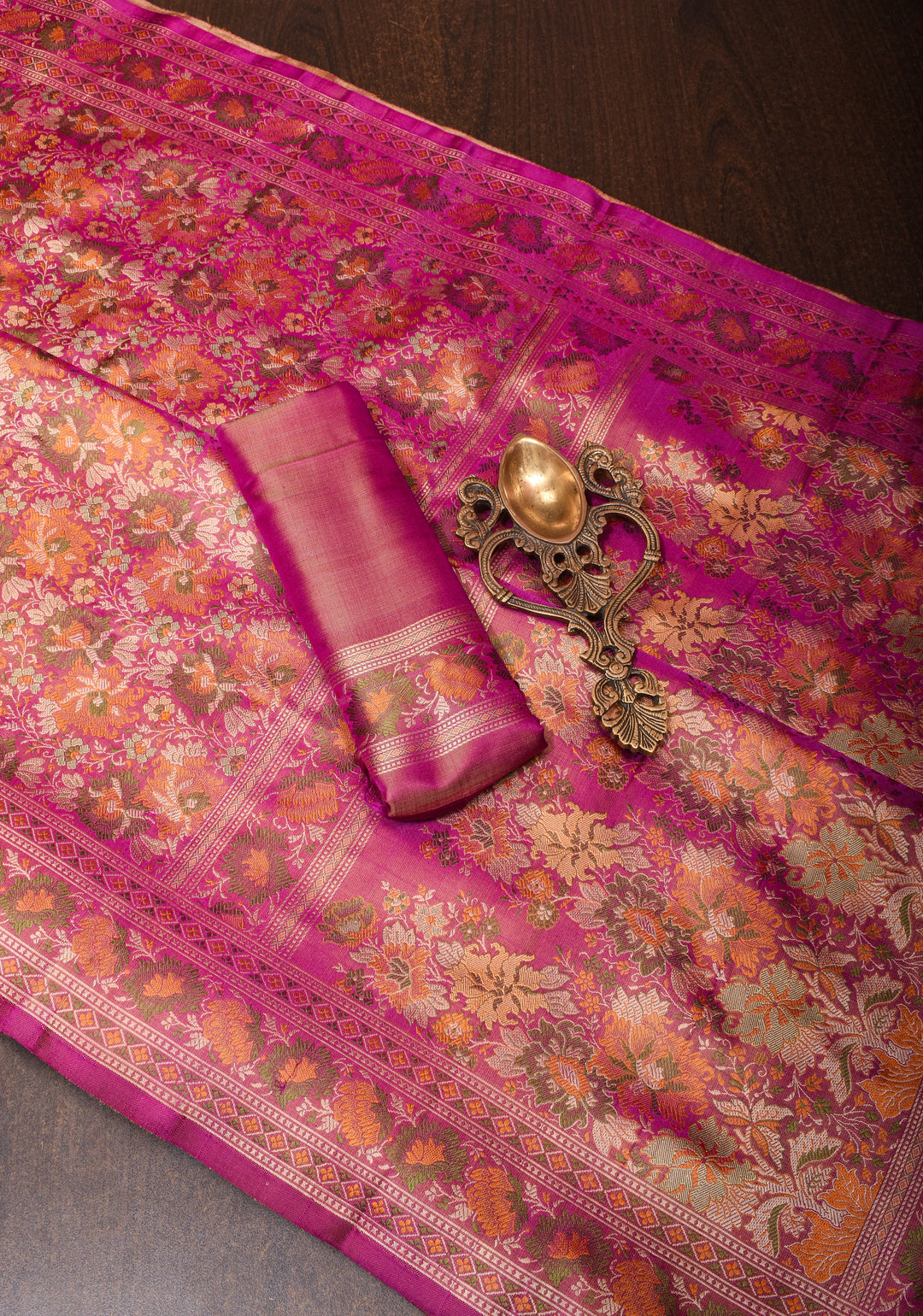 Dark Pink Tanchoi Floral Banarasi Silk Saree in Pure Silk Satin | SILK MARK CERTIFIED