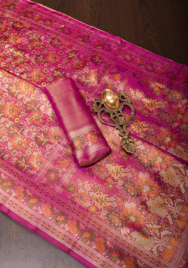 Dark Pink Tanchoi Floral Banarasi Silk Saree in Pure Silk Satin | SILK MARK CERTIFIED