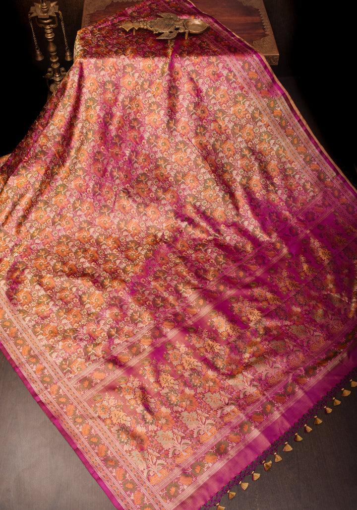 Dark Pink Tanchoi Floral Banarasi Silk Saree in Pure Silk Satin | SILK MARK CERTIFIED