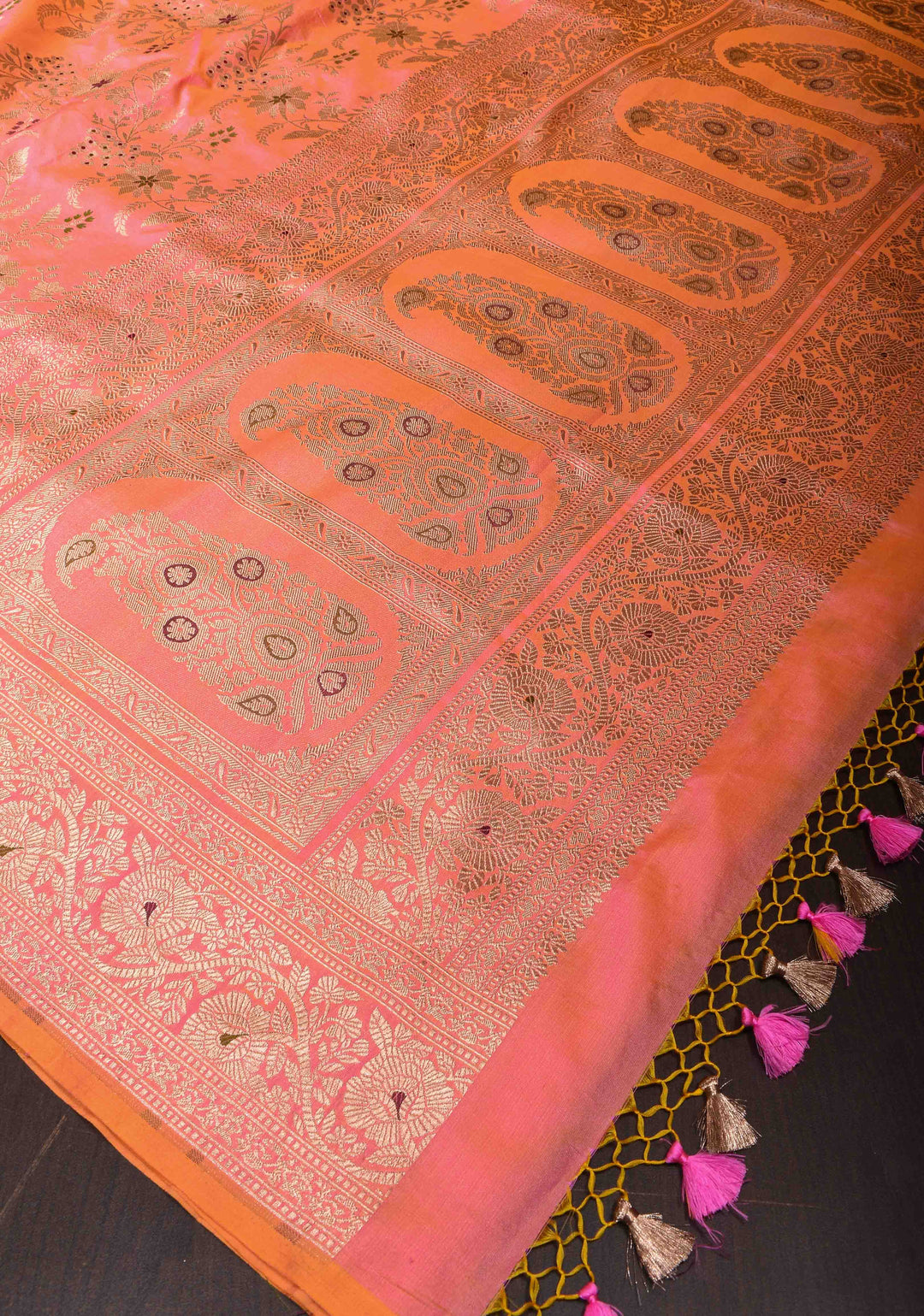 Peach Banarasi Dual Tone Katan Silk Saree with Meenakari Floral and Zari Border | SILK MARK CERTIFIED
