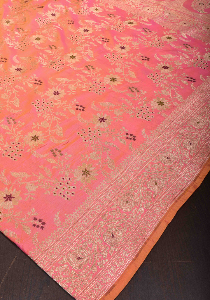 Peach Banarasi Dual Tone Katan Silk Saree with Meenakari Floral and Zari Border | SILK MARK CERTIFIED