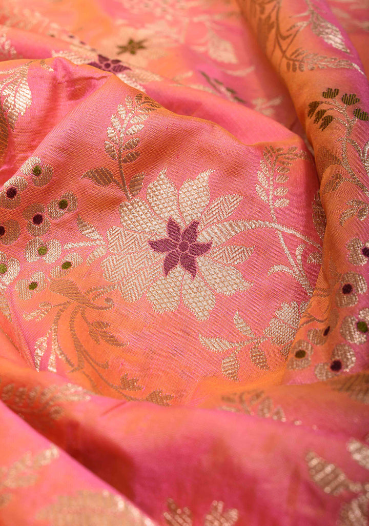 Peach Banarasi Dual Tone Katan Silk Saree with Meenakari Floral and Zari Border | SILK MARK CERTIFIED