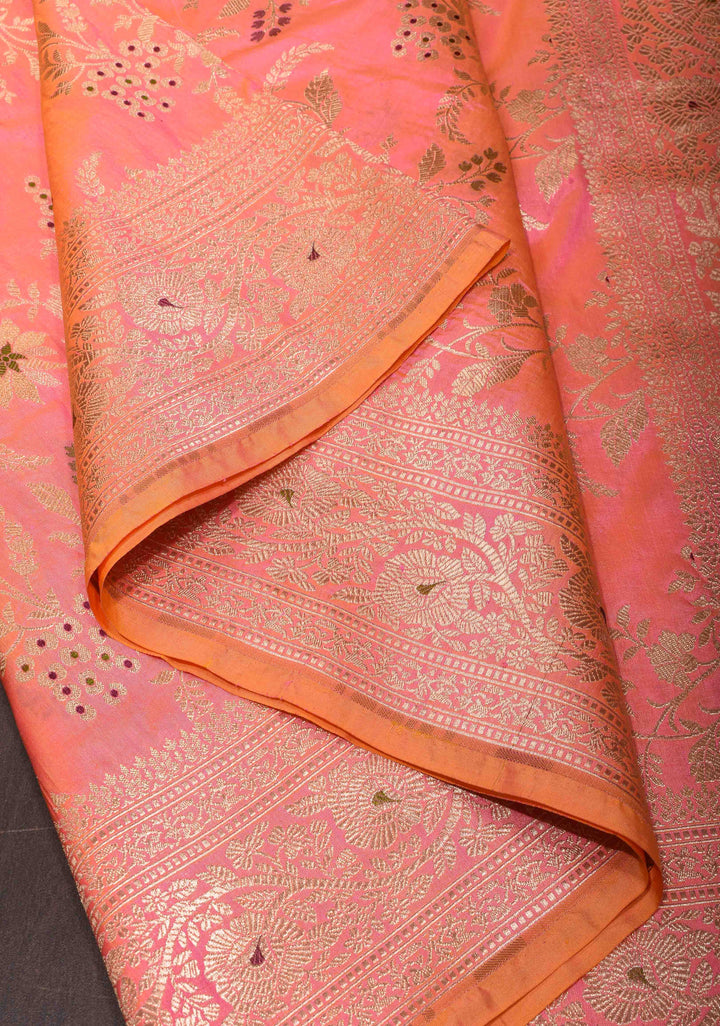 Peach Banarasi Dual Tone Katan Silk Saree with Meenakari Floral and Zari Border | SILK MARK CERTIFIED