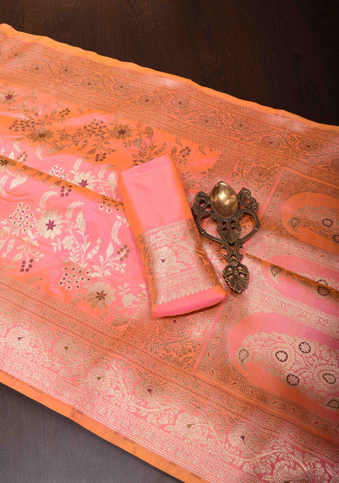 Peach Banarasi Dual Tone Katan Silk Saree with Meenakari Floral and Zari Border | SILK MARK CERTIFIED