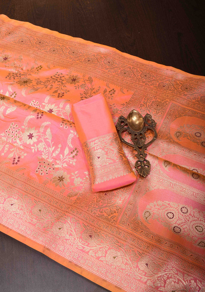 Peach Banarasi Dual Tone Katan Silk Saree with Meenakari Floral and Zari Border | SILK MARK CERTIFIED