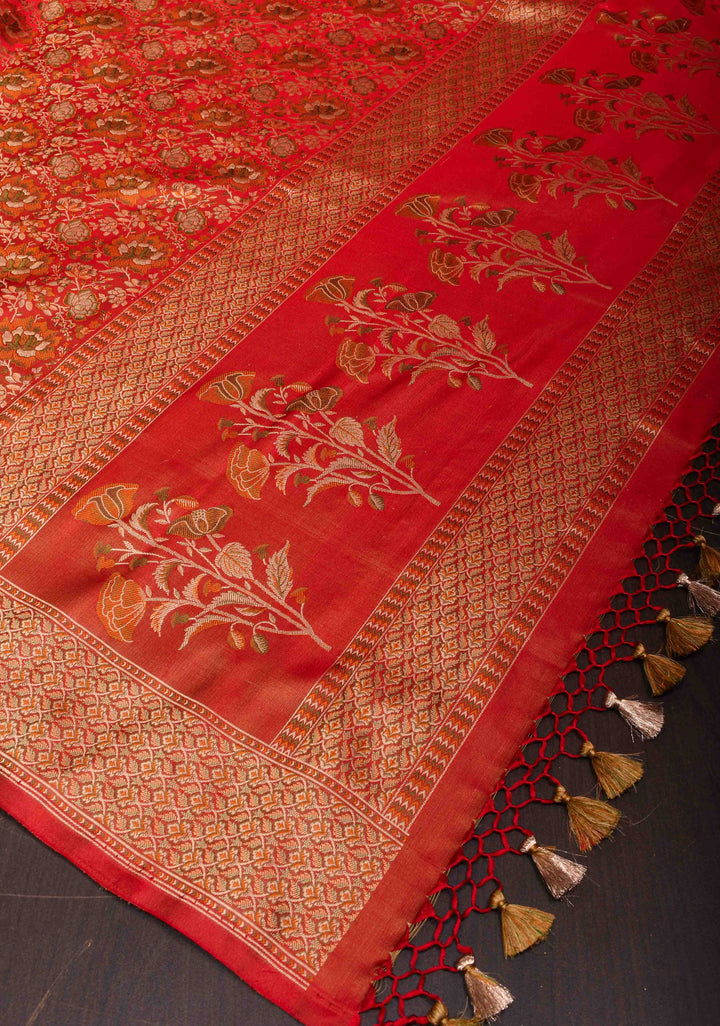 Coral Red Tanchoi Floral Banarasi Saree in Pure Silk Satin | SILK MARK CERTIFIED