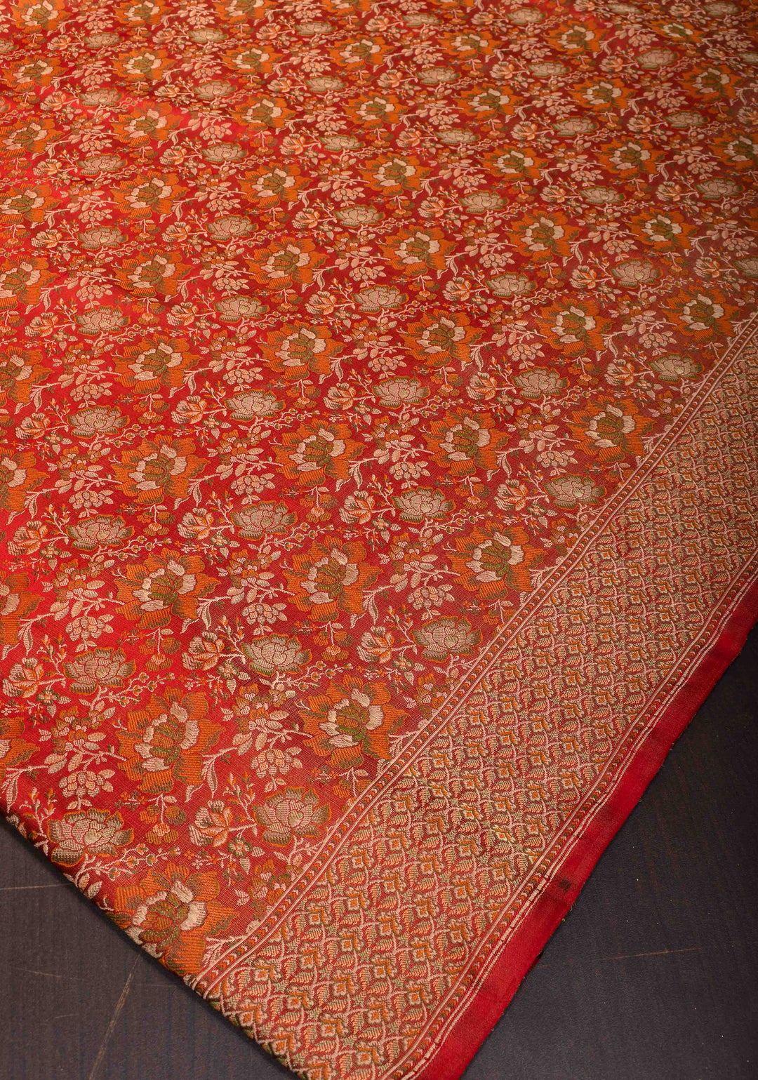Coral Red Tanchoi Floral Banarasi Saree in Pure Silk Satin | SILK MARK CERTIFIED