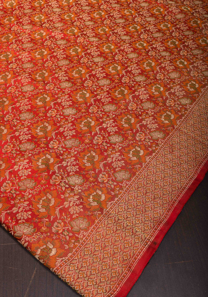 Coral Red Tanchoi Floral Banarasi Saree in Pure Silk Satin | SILK MARK CERTIFIED