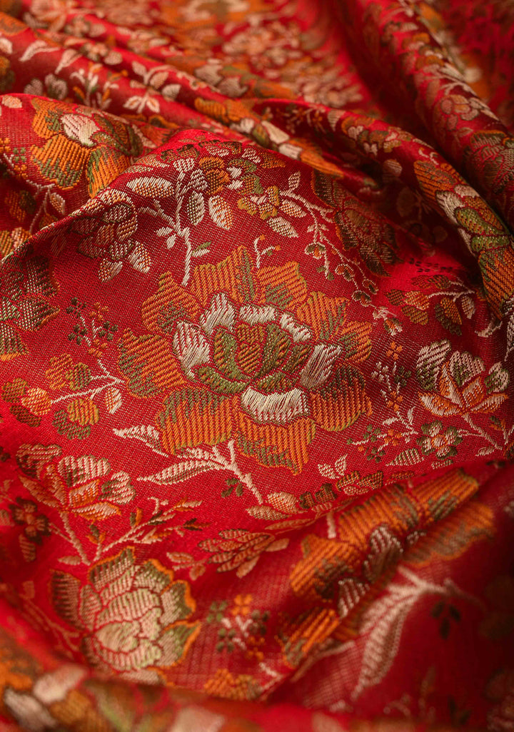 Coral Red Tanchoi Floral Banarasi Saree in Pure Silk Satin | SILK MARK CERTIFIED