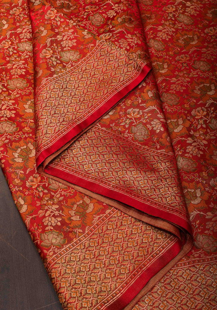Coral Red Tanchoi Floral Banarasi Saree in Pure Silk Satin | SILK MARK CERTIFIED