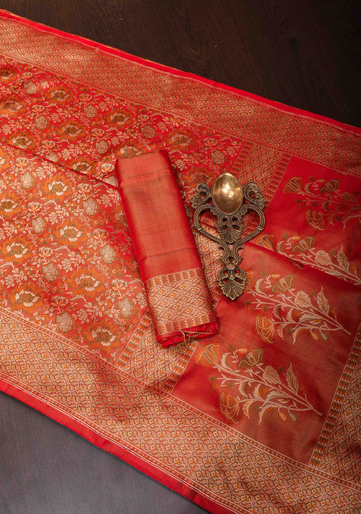 Coral Red Tanchoi Floral Banarasi Saree in Pure Silk Satin | SILK MARK CERTIFIED
