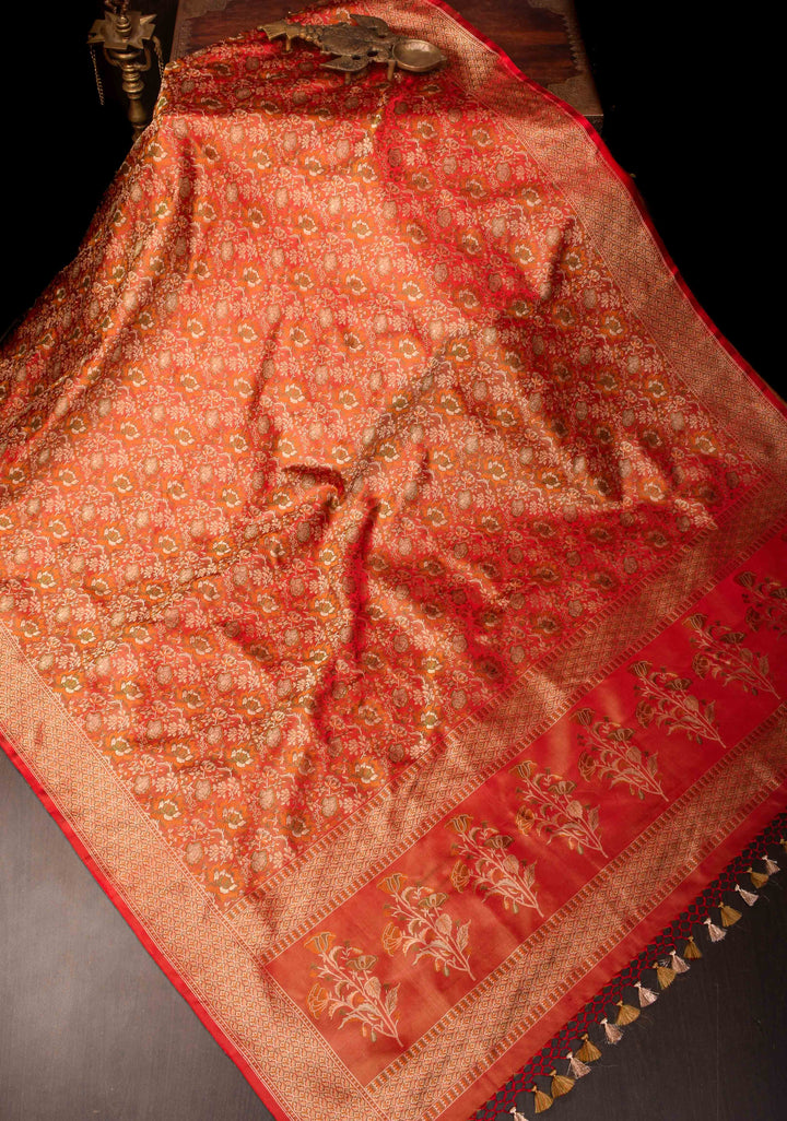 Coral Red Tanchoi Floral Banarasi Saree in Pure Silk Satin | SILK MARK CERTIFIED