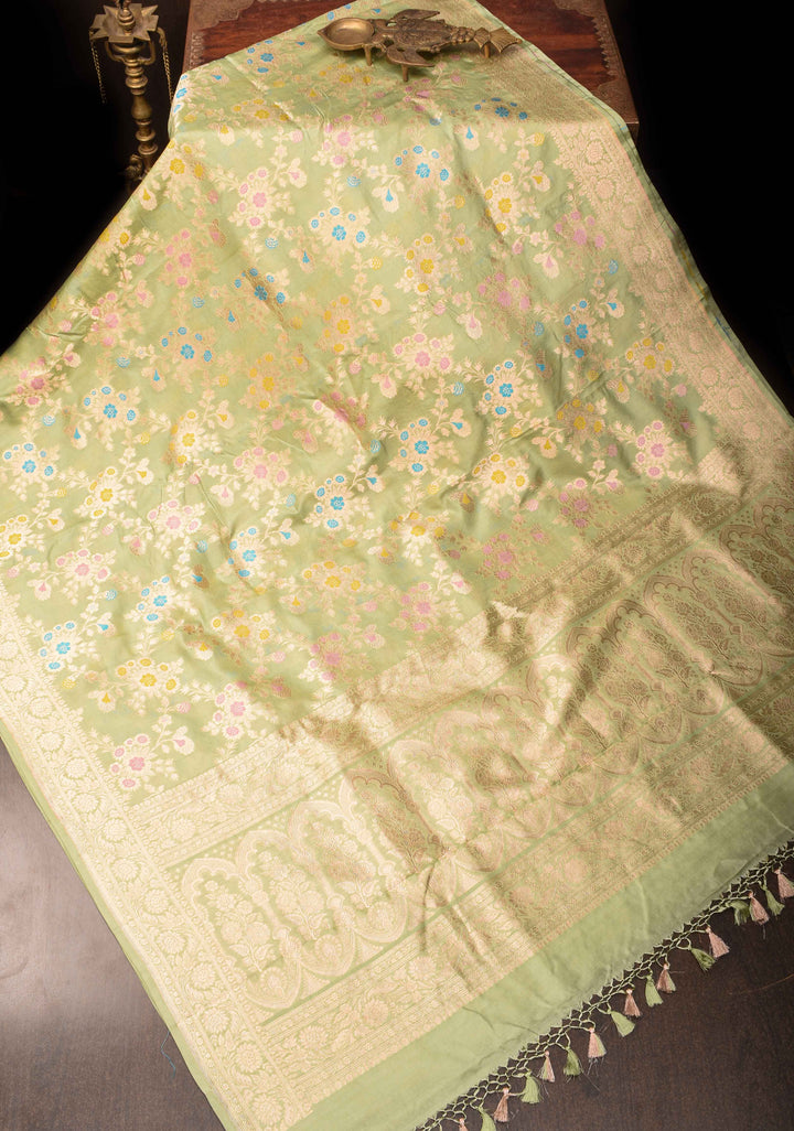 Pale Pista Green Pure Banarasi Katan Silk Saree with Meenakari Brocade Jaal and Border| SILK MARK CERTIFIED