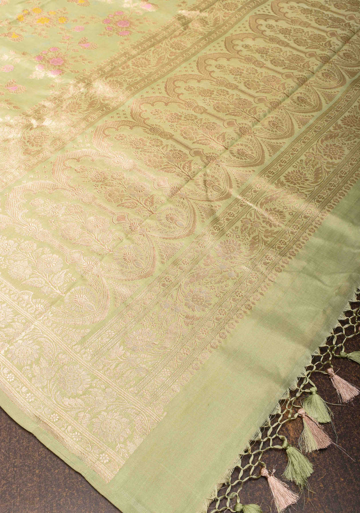 Pale Pista Green Pure Banarasi Katan Silk Saree with Meenakari Brocade Jaal and Border| SILK MARK CERTIFIED