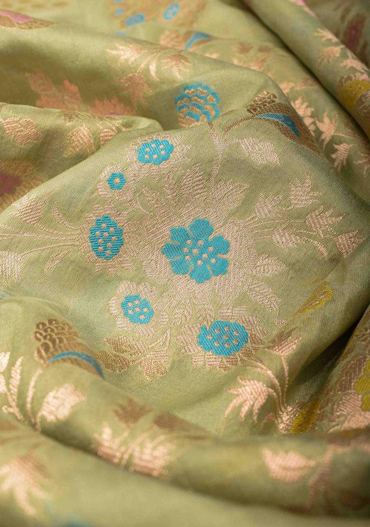 Pale Pista Green Pure Banarasi Katan Silk Saree with Meenakari Brocade Jaal and Border| SILK MARK CERTIFIED