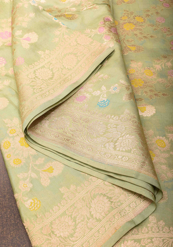 Pale Pista Green Pure Banarasi Katan Silk Saree with Meenakari Brocade Jaal and Border| SILK MARK CERTIFIED