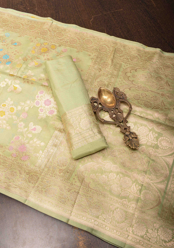 Pale Pista Green Pure Banarasi Katan Silk Saree with Meenakari Brocade Jaal and Border| SILK MARK CERTIFIED