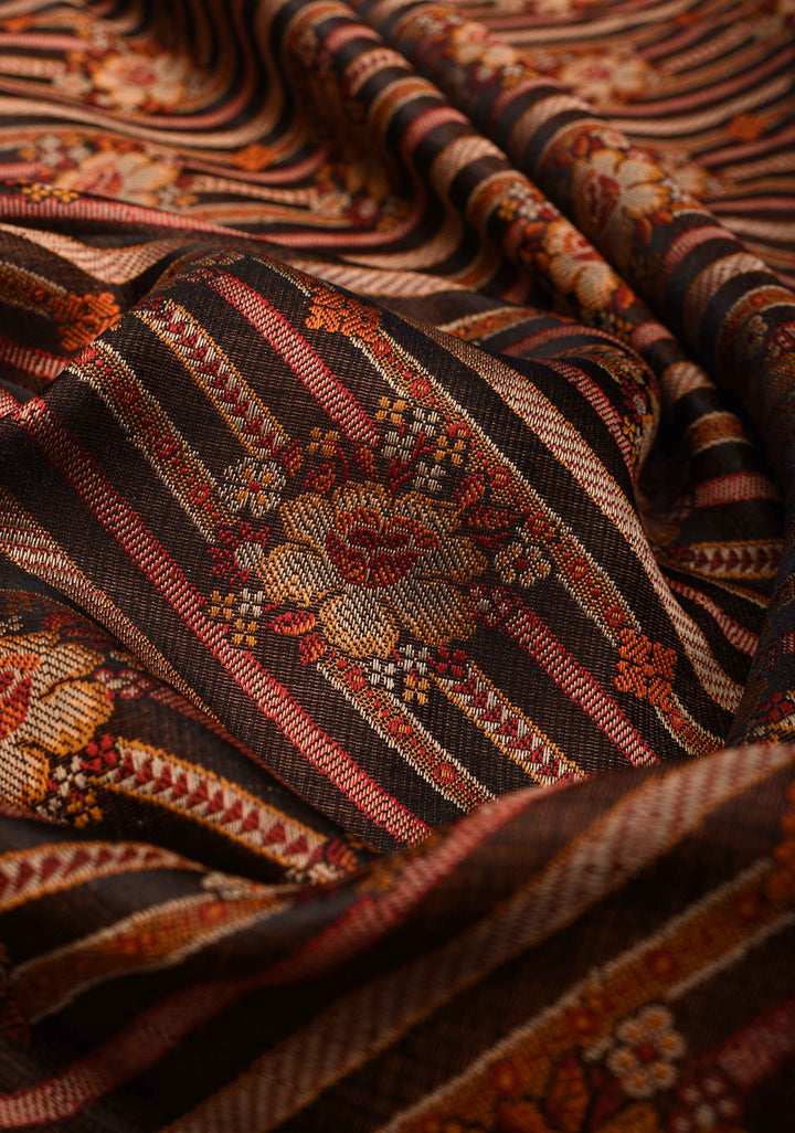 Tanchoi on Pure Banarasi Satin Silk in Black with Diagonal Stripes  | SILK MARK CERTIFIED