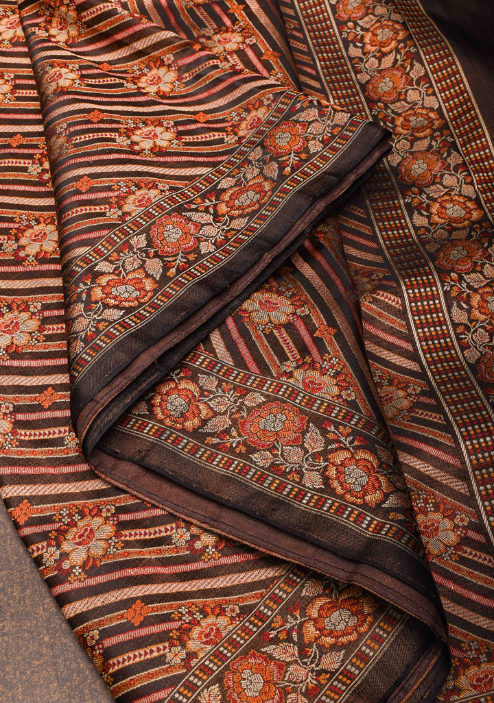 Tanchoi on Pure Banarasi Satin Silk in Black with Diagonal Stripes  | SILK MARK CERTIFIED