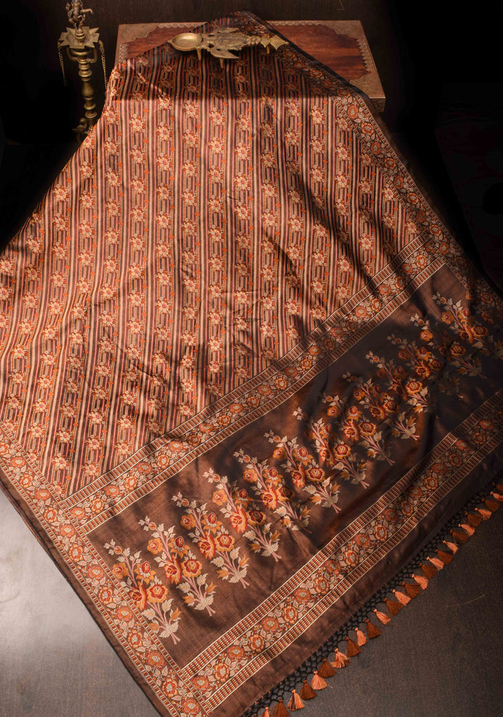 Tanchoi on Pure Banarasi Satin Silk in Black with Diagonal Stripes  | SILK MARK CERTIFIED