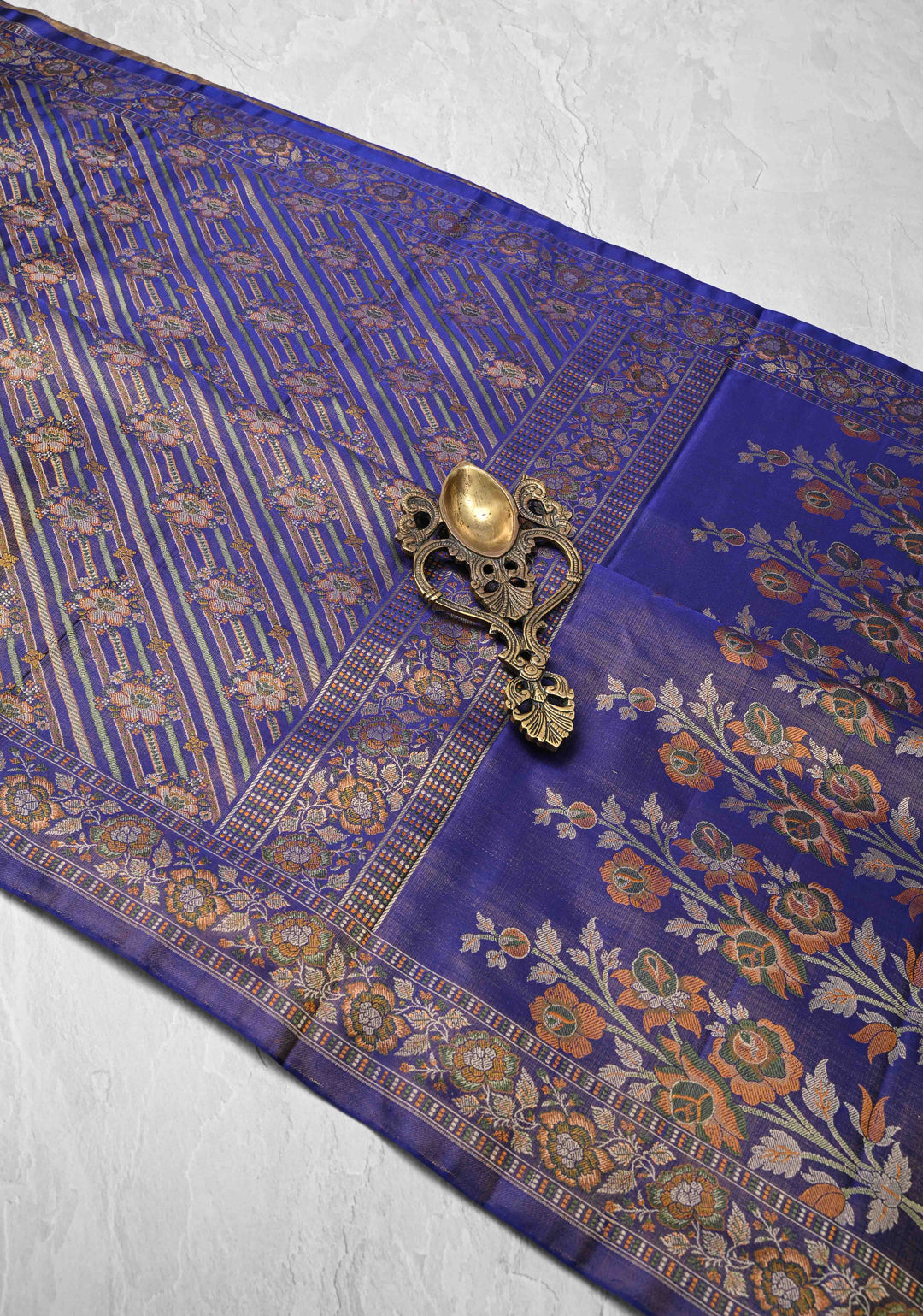 Tanchoi on Pure Banarasi Satin Silk in Purple with Floral Diagonal Stripes  | SILK MARK CERTIFIED