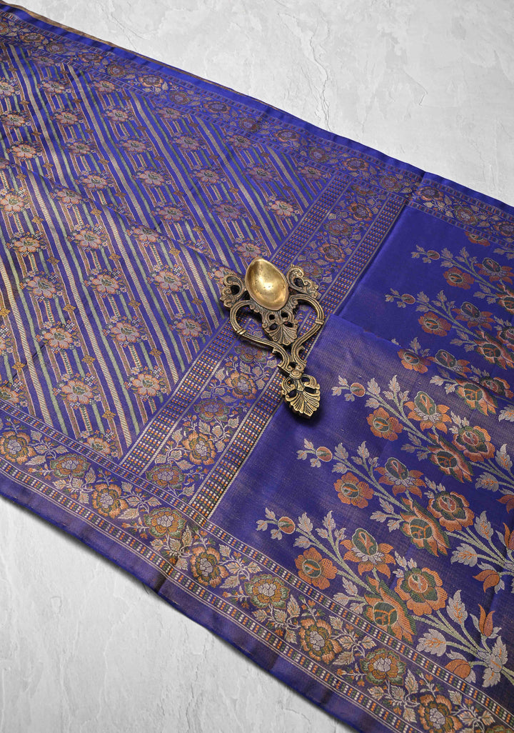 Tanchoi on Pure Banarasi Satin Silk in Purple with Floral Diagonal Stripes  | SILK MARK CERTIFIED