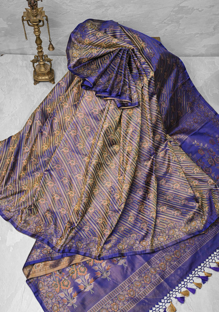 Tanchoi on Pure Banarasi Satin Silk in Purple with Floral Diagonal Stripes  | SILK MARK CERTIFIED