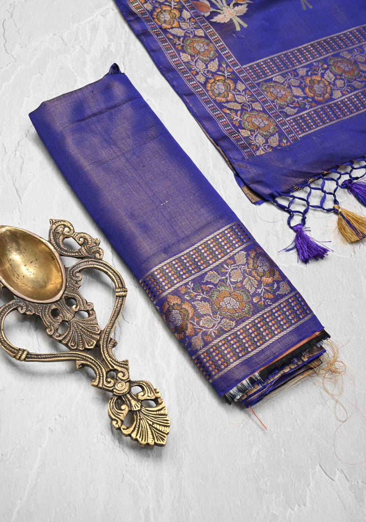 Tanchoi on Pure Banarasi Satin Silk in Purple with Floral Diagonal Stripes  | SILK MARK CERTIFIED
