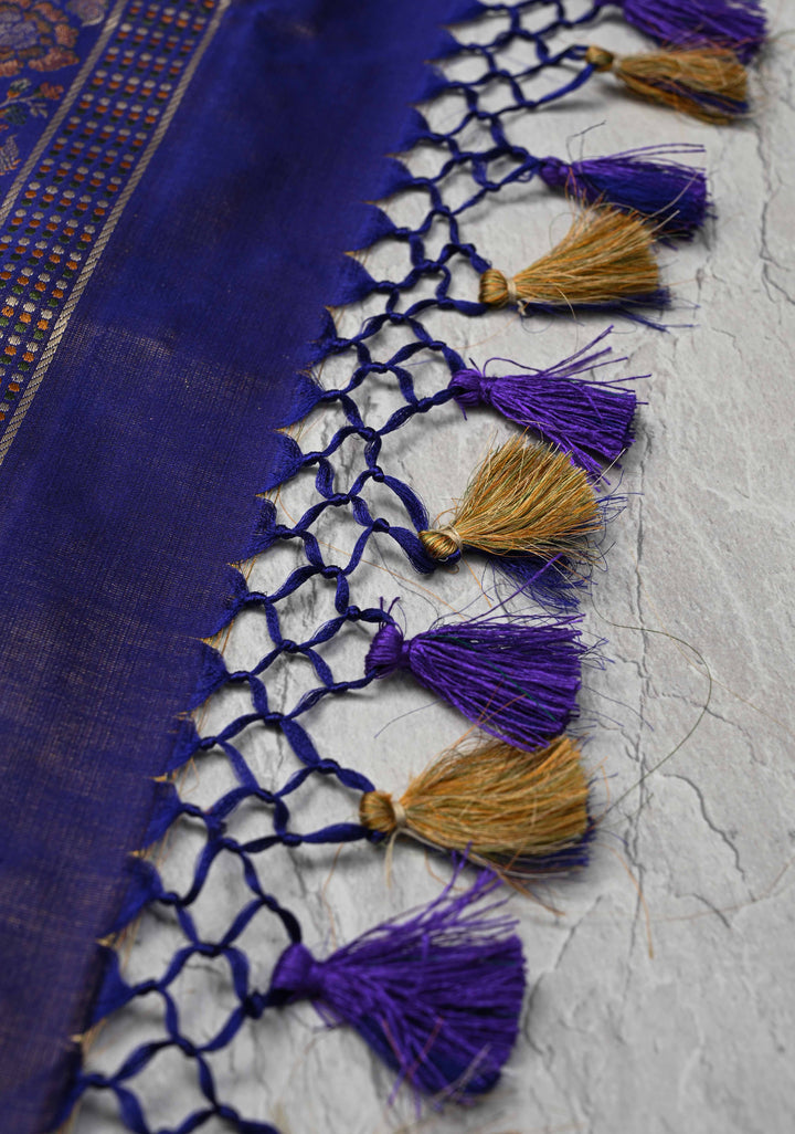 Tanchoi on Pure Banarasi Satin Silk in Purple with Floral Diagonal Stripes  | SILK MARK CERTIFIED