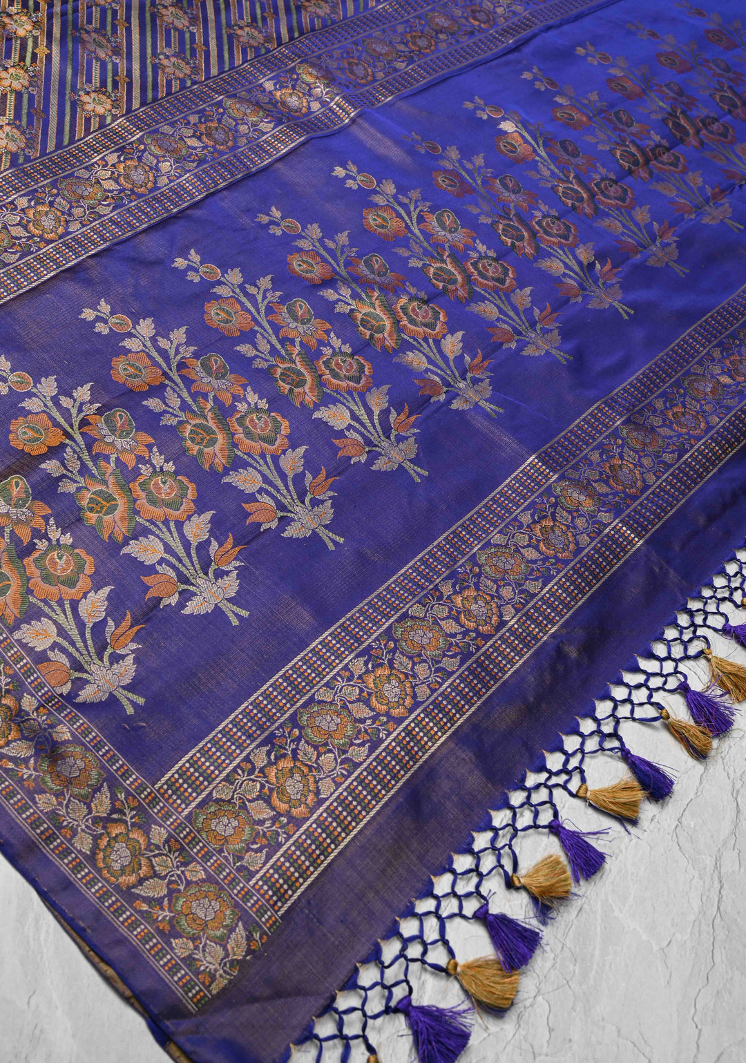 Tanchoi on Pure Banarasi Satin Silk in Purple with Floral Diagonal Stripes  | SILK MARK CERTIFIED