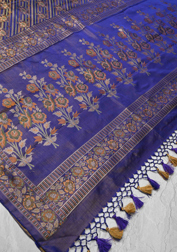Tanchoi on Pure Banarasi Satin Silk in Purple with Floral Diagonal Stripes  | SILK MARK CERTIFIED