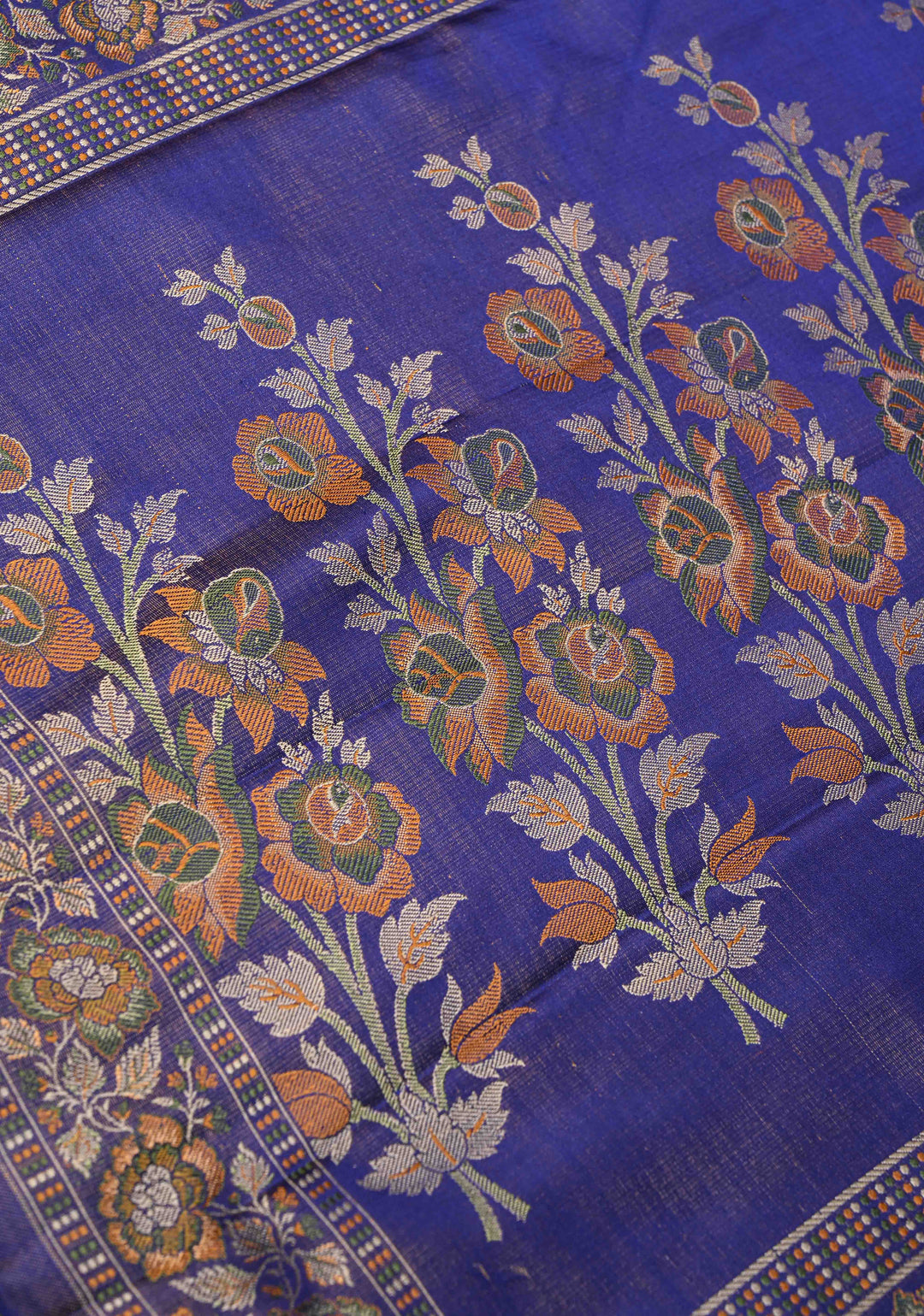 Tanchoi on Pure Banarasi Satin Silk in Purple with Floral Diagonal Stripes  | SILK MARK CERTIFIED