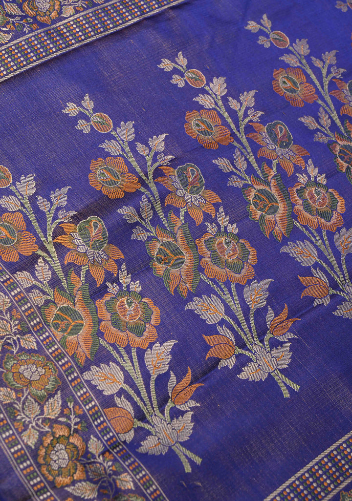 Tanchoi on Pure Banarasi Satin Silk in Purple with Floral Diagonal Stripes  | SILK MARK CERTIFIED