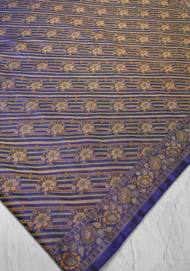 Tanchoi on Pure Banarasi Satin Silk in Purple with Floral Diagonal Stripes  | SILK MARK CERTIFIED