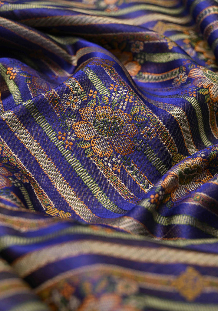 Tanchoi on Pure Banarasi Satin Silk in Purple with Floral Diagonal Stripes  | SILK MARK CERTIFIED