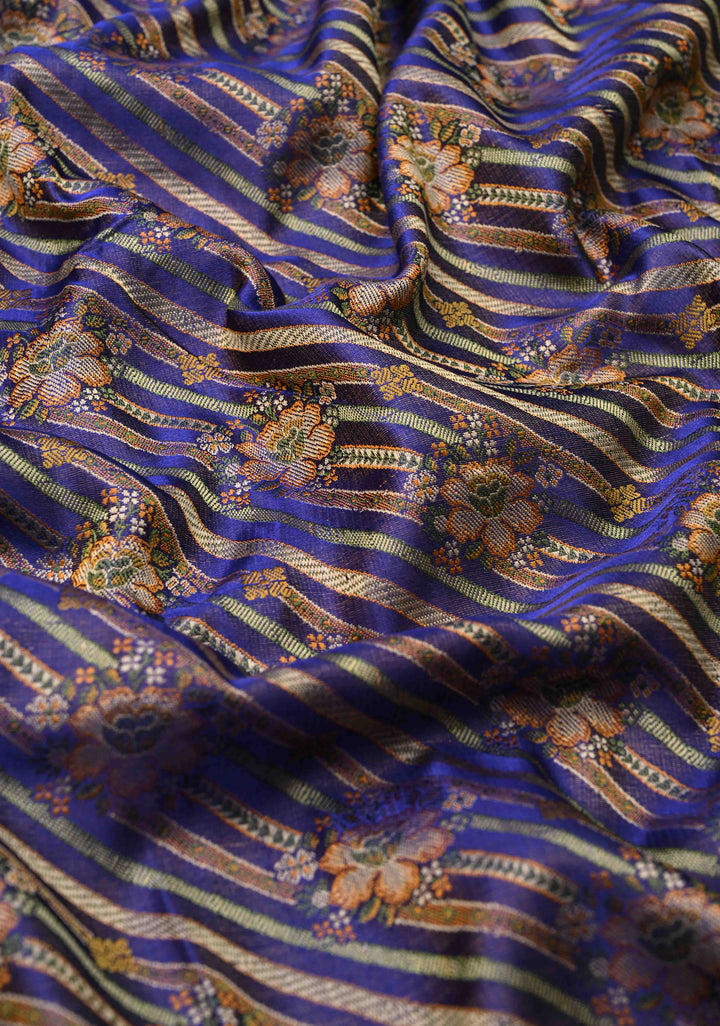 Tanchoi on Pure Banarasi Satin Silk in Purple with Floral Diagonal Stripes  | SILK MARK CERTIFIED
