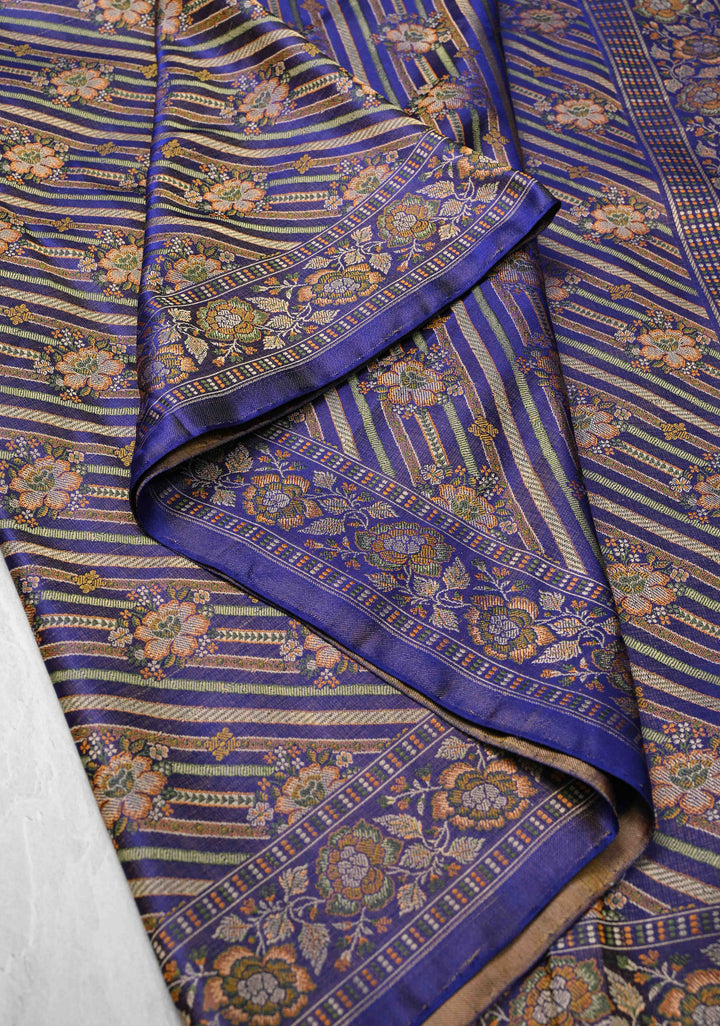 Tanchoi on Pure Banarasi Satin Silk in Purple with Floral Diagonal Stripes  | SILK MARK CERTIFIED