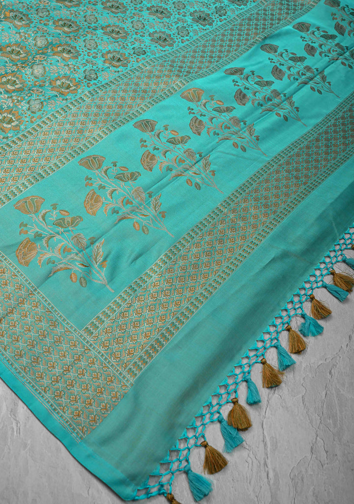 Turquoise Green Tanchoi Banarasi Satin Silk Saree with Floral Brocade | SILK MARK CERTIFIED