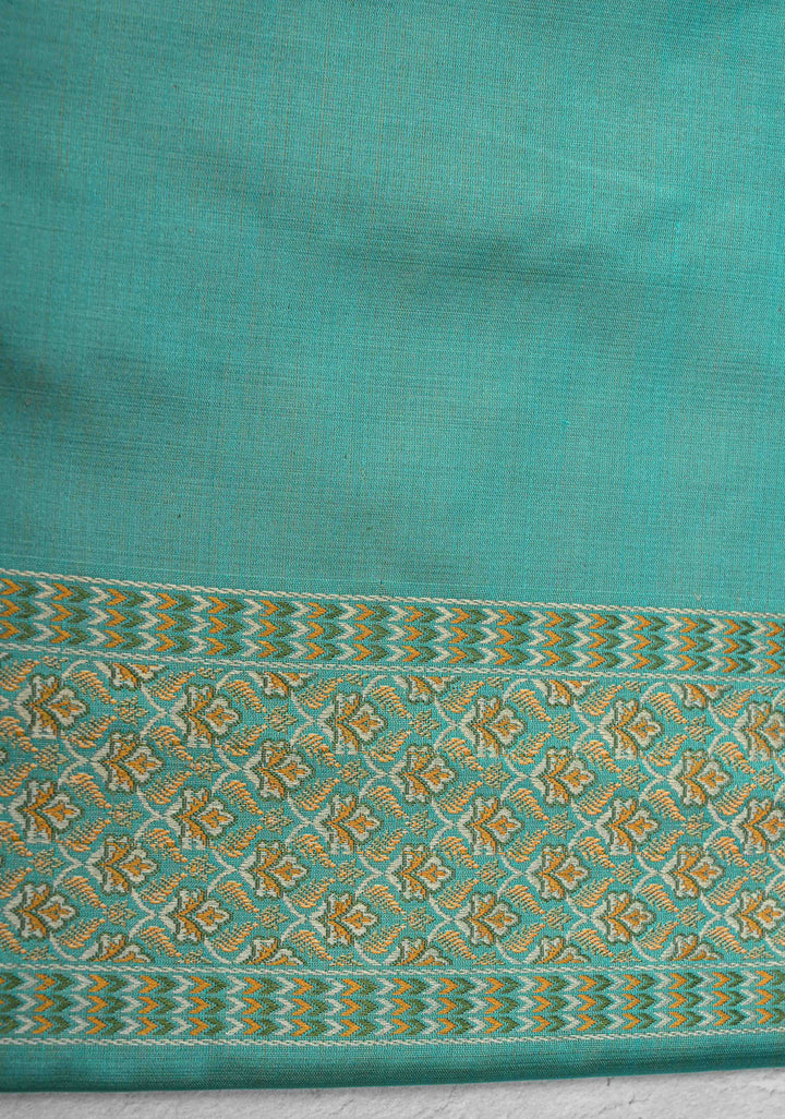 Turquoise Green Tanchoi Banarasi Satin Silk Saree with Floral Brocade | SILK MARK CERTIFIED