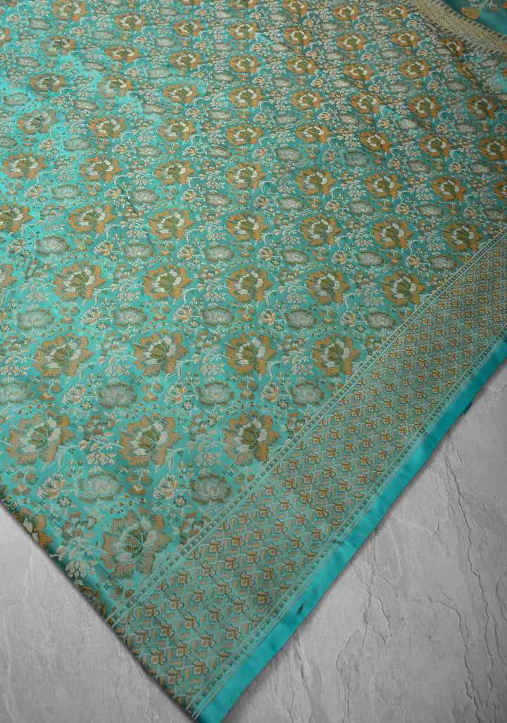 Turquoise Green Tanchoi Banarasi Satin Silk Saree with Floral Brocade | SILK MARK CERTIFIED
