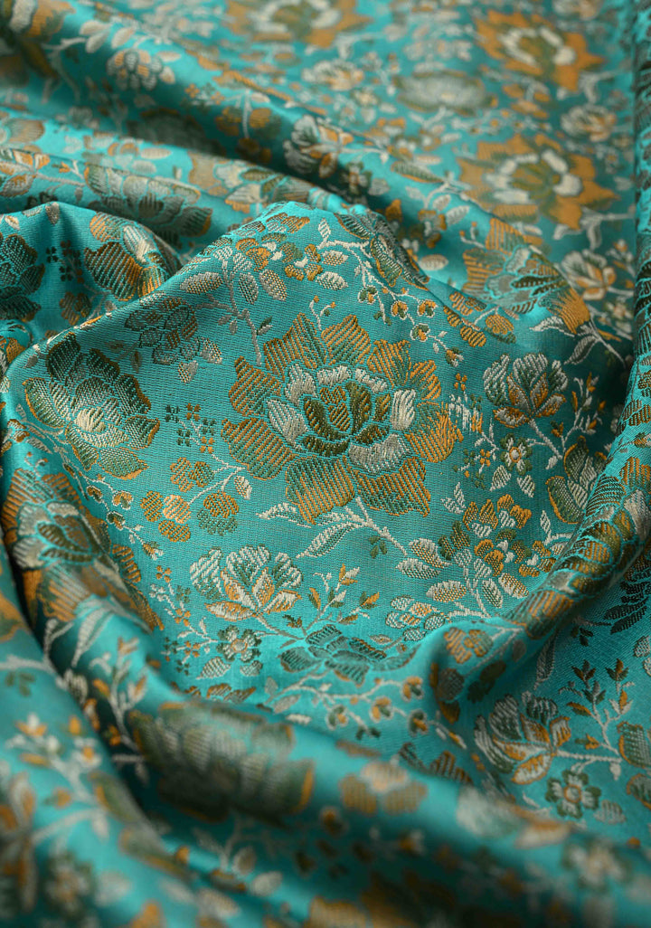 Turquoise Green Tanchoi Banarasi Satin Silk Saree with Floral Brocade | SILK MARK CERTIFIED